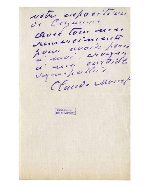 Claude Monet Autograph Letter Signed -- ''...I will not deprive myself of the pleasure of coming to see your Cezanne exhibition...''